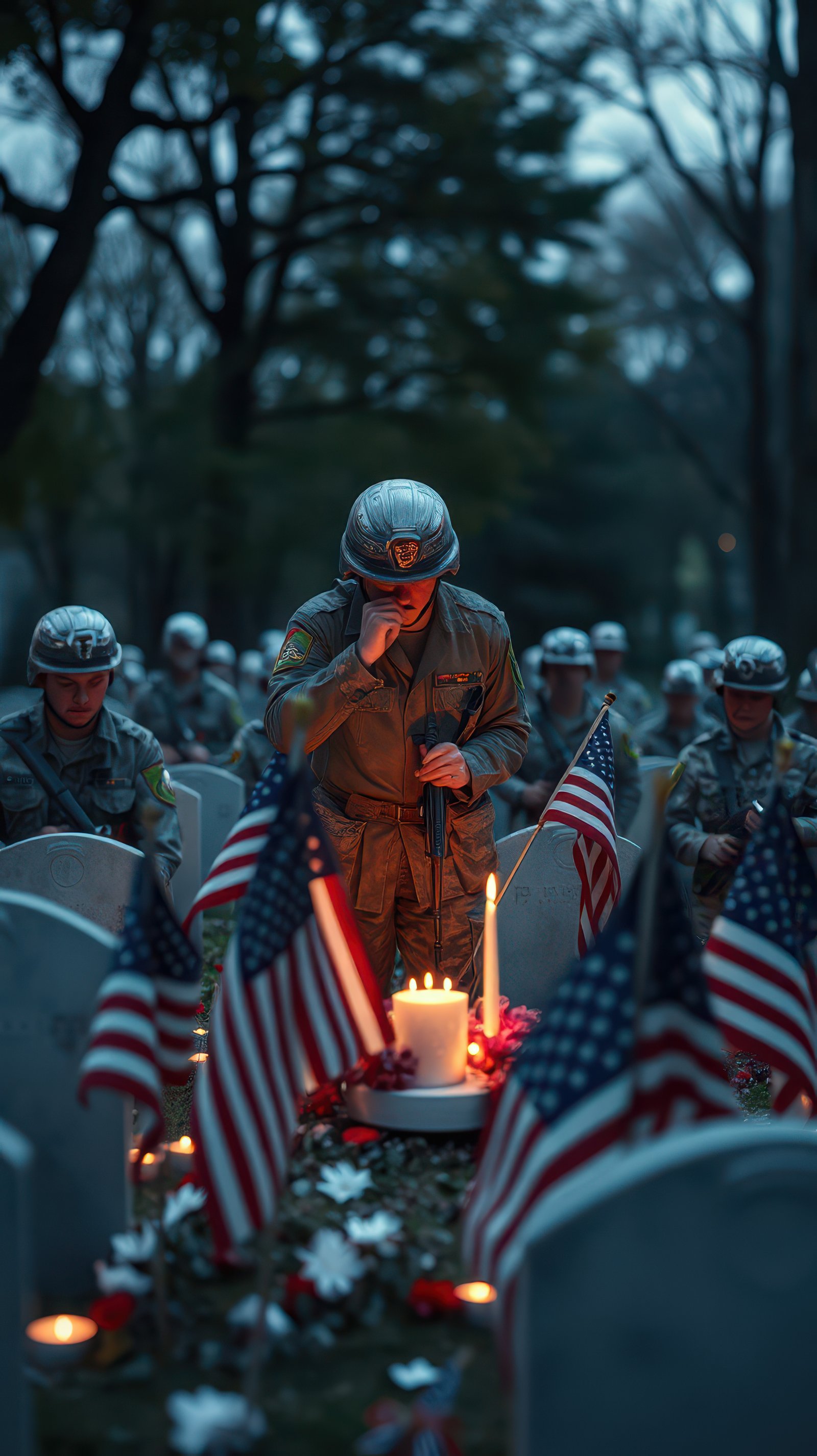 Soldiers honor fallen comrades during remembrance ceremony at night with candles and flags